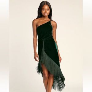 Lulus Fringe for Life Dark Green Velvet One-Shoulder Fringe Midi Dress